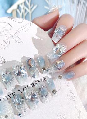 春夏浅蓝色小清新穿戴甲中长款2024雪花爆闪钻石高级感显白假指甲