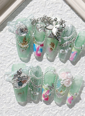 春日繁花水彩碧绿色春意盎然仙气飘飘冰透显白长款可拆卸手工美甲