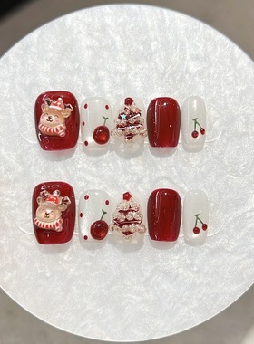 圣诞纯手工穿戴甲可拆卸显白高级感甜酷美甲红色甜美少女心氛围感