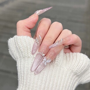 春日紫色穿戴甲纯手工钻石显白轻奢蝴蝶美甲长尖猫眼高级感 新款
