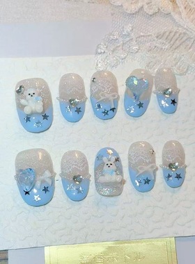 蓝色星星小熊纯手工穿戴甲高品质超薄透明美甲甲片可爱甜美精致
