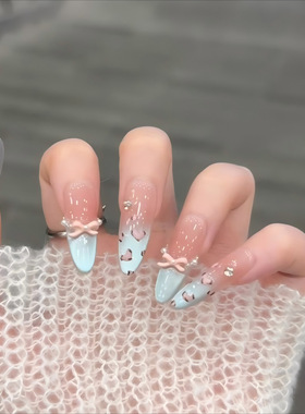海盐蓝色渐变猫眼手绘豹纹裸色长款立体蝴蝶结碎钻美甲穿戴甲小众