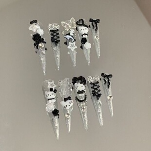 黑白kt甜酷辣妹风格 猫眼蝴蝶结碎钻可拆卸穿戴甲贴片 简约长尖款