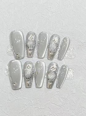 高级感精致小众显白纯手工银灰色闪钻穿戴甲高级轻奢美甲贴片成品