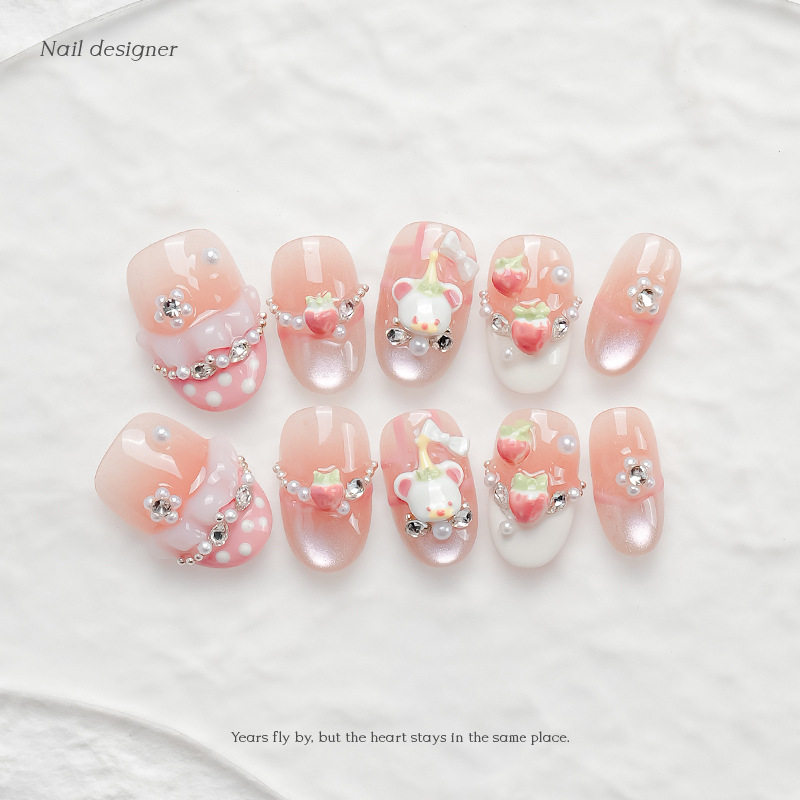 可爱卡通立体小熊腮红猫眼法式波点碎钻仿珍珠可拆卸穿戴甲贴片,彩妆/香水/美妆工具,穿戴甲/甲片,淘宝优惠券,粉丝福利购,淘宝优惠卷