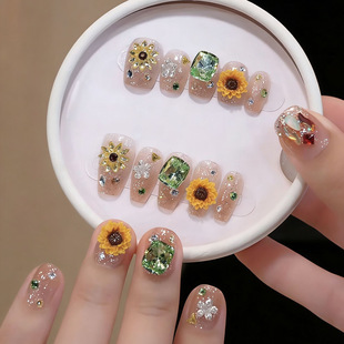 夏季 日常高级感重工温柔风美甲 向日葵纯手工穿戴甲冰透色钻石短款