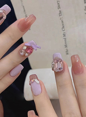 法式香芋紫色手工穿戴甲ins高级感带闪钻彩钻蝴蝶结绝美假指甲片