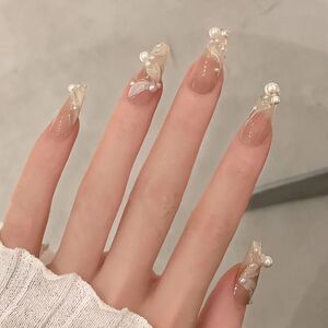 高级感手工穿戴甲中长款女复古油画风裸色系镶珠温柔气质显白美甲