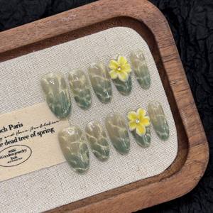 柠檬海盐薄荷绿海波纹猫眼海洋冰花美甲贴片假指甲甜酷温柔法式