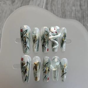 纯手工穿戴甲新中式国风烟雨江南温柔轻奢卡通小蛇长款假指甲片