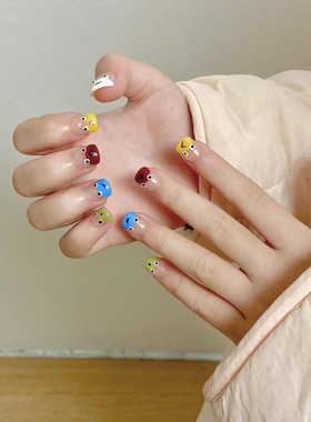 儿童穿戴甲红色蓝色绿色可爱卡通搞怪豆豆虫儿童可拆卸假指甲贴