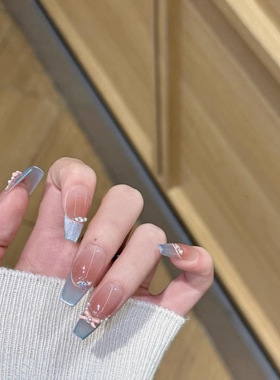蓝色精灵纯手工穿戴甲春季ins百搭显白猫眼指甲贴温柔法式可拆卸