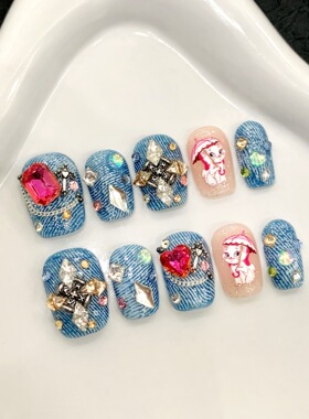 甜酷辣妹蓝色牛仔花纹小众趣味碎钻链条短款个性日常可拆卸美甲