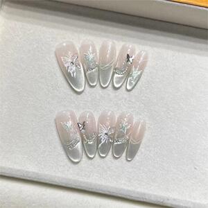 手工穿戴甲2024法式冰透薄荷立体浮雕蝴蝶轻奢高级感显白猫眼美甲