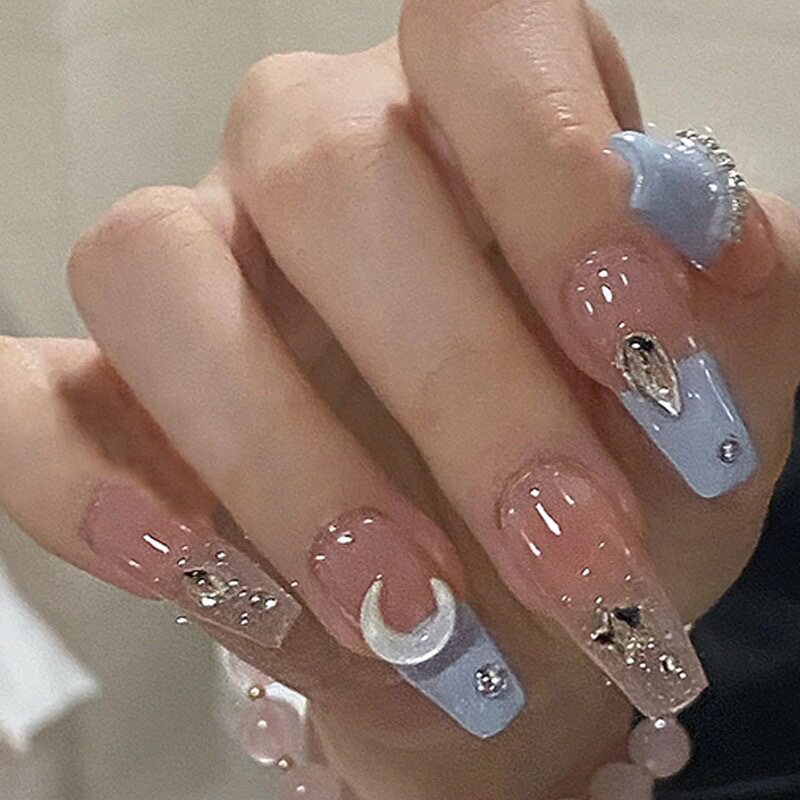 海盐淡蓝法式假指甲显白美甲长款