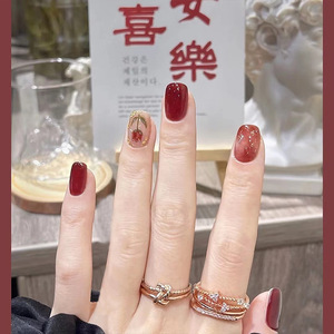 冰透车厘子红美甲穿戴甲短款纯欲手绘感玫瑰花显白可拆卸美甲贴片