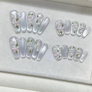 纯手工穿戴甲2024冰透夏日瓷白追光猫眼立体花瓣甜系少女冰晶美甲