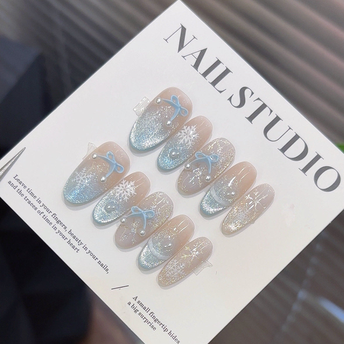 蓝雾雪花纯手工穿戴甲中长款轻奢高级感冰花蝴蝶结美甲指甲贴片,彩妆/香水/美妆工具,穿戴甲/甲片,淘宝优惠券,粉丝福利购,淘宝优惠卷