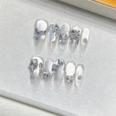 纯手工穿戴甲2024银色玻璃猫眼爆闪轻奢高级感碎钻显白长款 假指甲