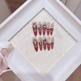 古堡蔷薇花带珠手工穿戴甲晕染渐变极光假指甲美甲冰透渐变可拆卸