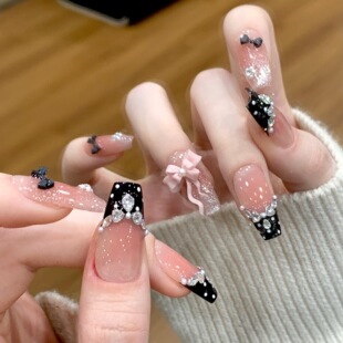 新款纯手工穿戴甲蝴蝶结珍珠锆石法式猫眼美甲显白气质高级感黑粉