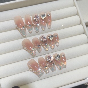 美甲穿戴纯欲冰透感魔镜粉大钻甜蜜风显白易拆卸美甲贴小众 中长款