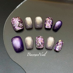 仲夏夜之梦紫色猫眼爆闪穿戴甲美甲手工显白中长款甜酷清冷感日常