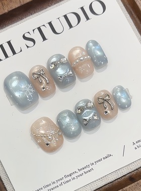 蓝色玻璃珠猫眼穿戴甲高级感可爱少女心蝴蝶结雪花冰透闪钻美甲