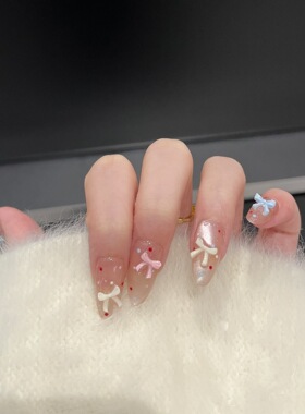 ins可爱粉色系芭蕾舞鞋手工穿戴美甲少女心蝴蝶结中长款显白指甲