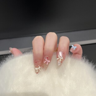 ins可爱粉色系芭蕾舞鞋 显白指甲 手工穿戴美甲少女心蝴蝶结中长款