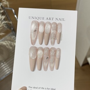 气质纯欲甜酷可拆卸 纯手工穿戴甲裸色爆闪猫眼立体雕花高级法式