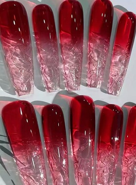 纯欲冰莓酒红色手工穿戴甲春季冰透感红色显白琉璃甲新年美甲成品
