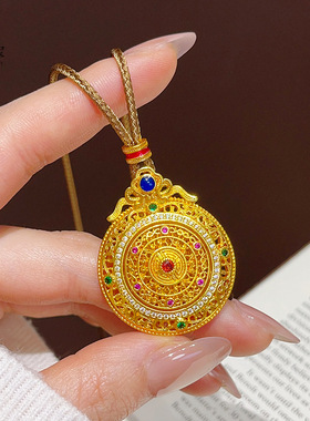沙金点钻花丝可转动龙纹圆盘吊坠黄金色女项链时来运转罗盘挂坠女