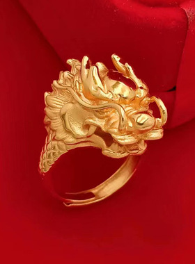 生肖龙头可调节沙金戒指男士朋克嘻哈时尚开口霸气招财转运指环男