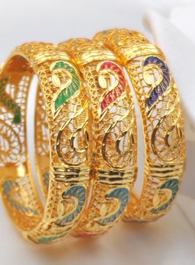 2025迪拜新娘印度合金镀沙金镯子名媛开口卡扣滴油彩色宫廷风手环