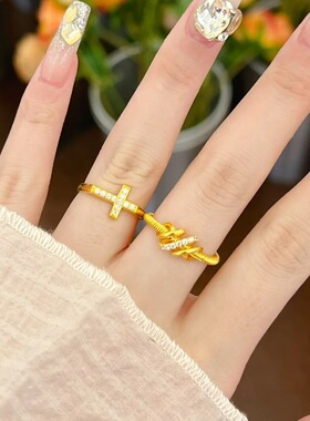 金店同款沙金生生不息素圈戒指简约编织镶钻十字开口指环送女友