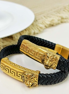 2025男歌手高品质宽版编织皮绳动物系列狮子头不锈钢个性朋克手链