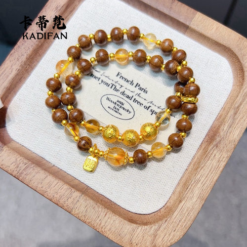 古法黄金色陨石星球diy黄水晶沙金手链男女中式木质文玩双圈手串