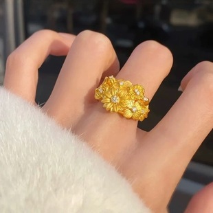 2025新中式古法沙金点钻繁花锦簇戒指女款小雏菊指环宫廷复古送礼