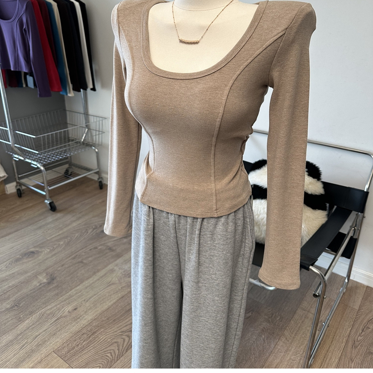 垫肩U领双面绒拼接长袖T恤磨毛加厚打底衫上衣秋冬