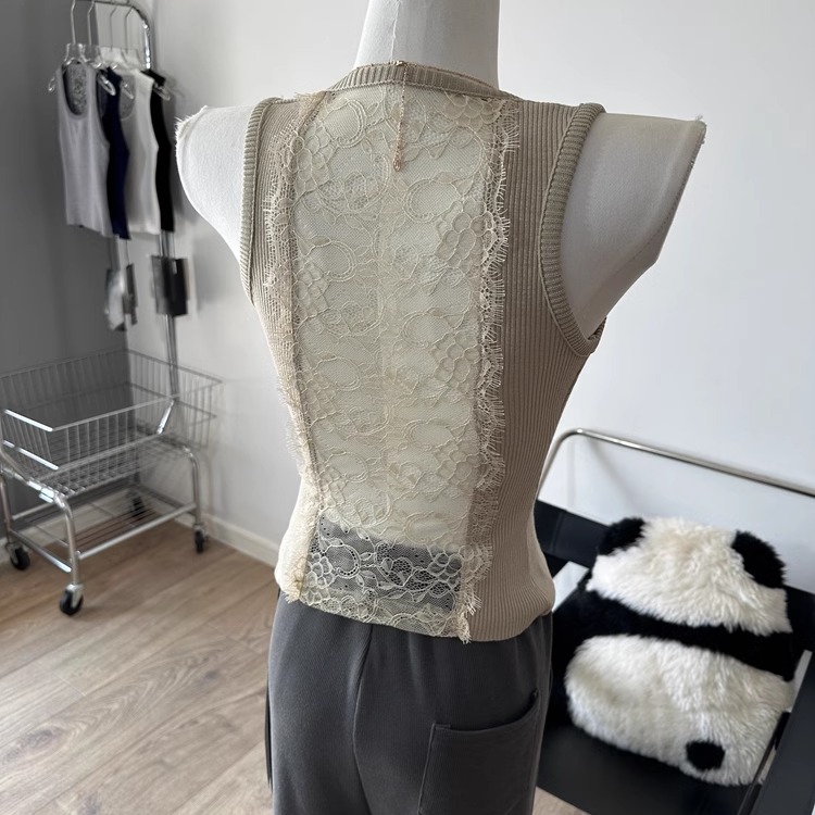 很美很惊艳～ 蕾丝拼接露背针织无袖背心修身打底衫上衣春夏新款