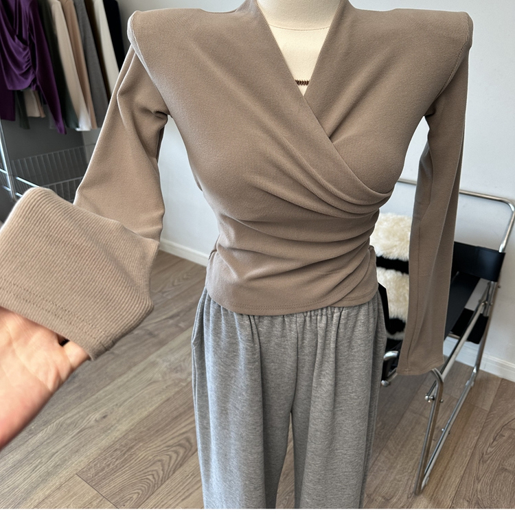 垫肩交叉V领长袖T恤磨毛加绒褶皱打底衫上衣