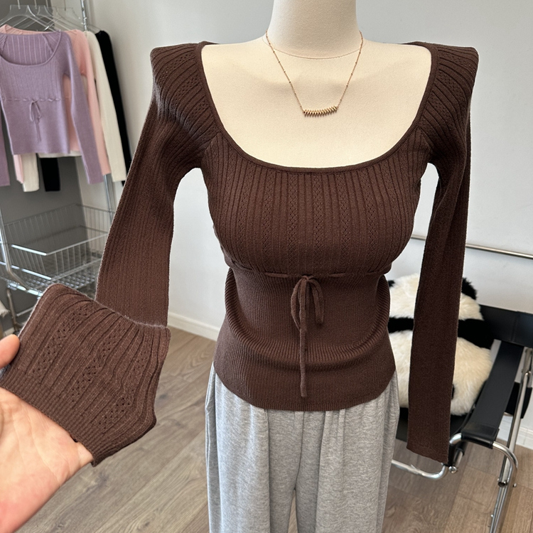 方领绑带长袖针织衫修身打底衫上衣