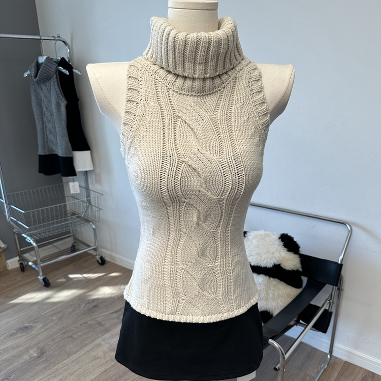 高领麻花拼接无袖针织修身包臀裙短袖连衣裙