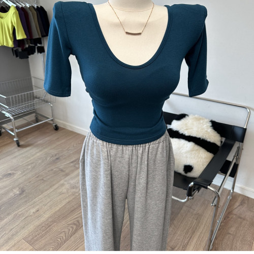 日常喜欢的feel 垫肩V领中袖T恤修身五分袖打底衫上衣短款春新