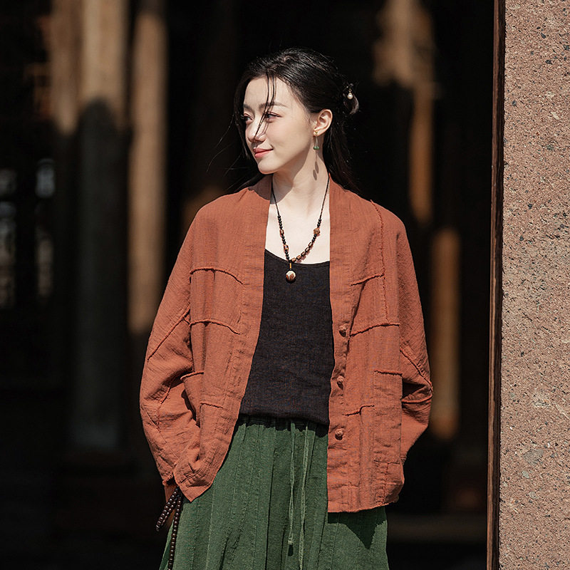 微笑向暖 苎麻砂洗磨毛做旧上衣 秋季棉麻女装盘扣文艺复古开衫