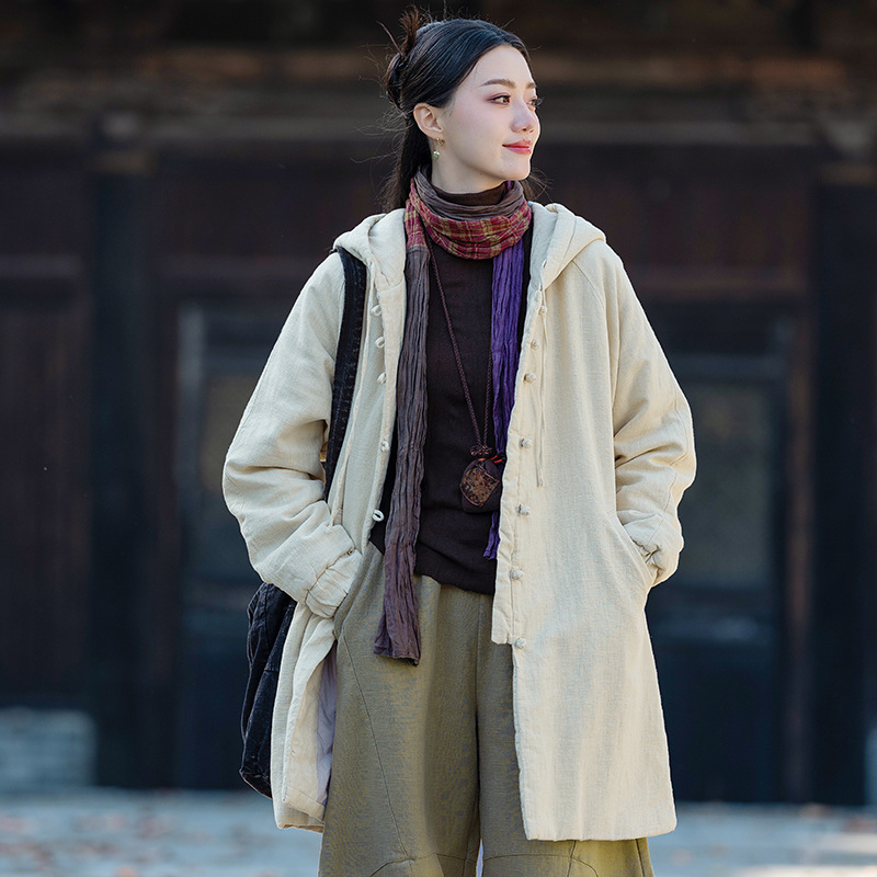 微笑向暖 复古中式苎麻盘扣连帽夹棉保暖唐装棉服上衣中长款外套