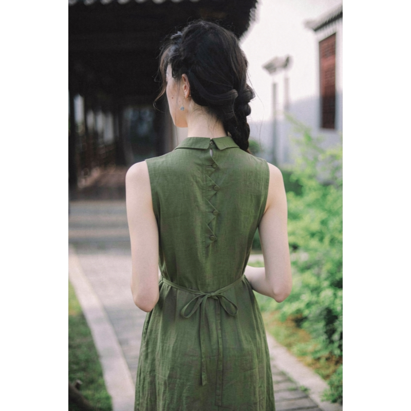 微笑向暖 夏新款中古感无袖宽松亚麻连衣裙 纯色收腰系带显瘦裙子