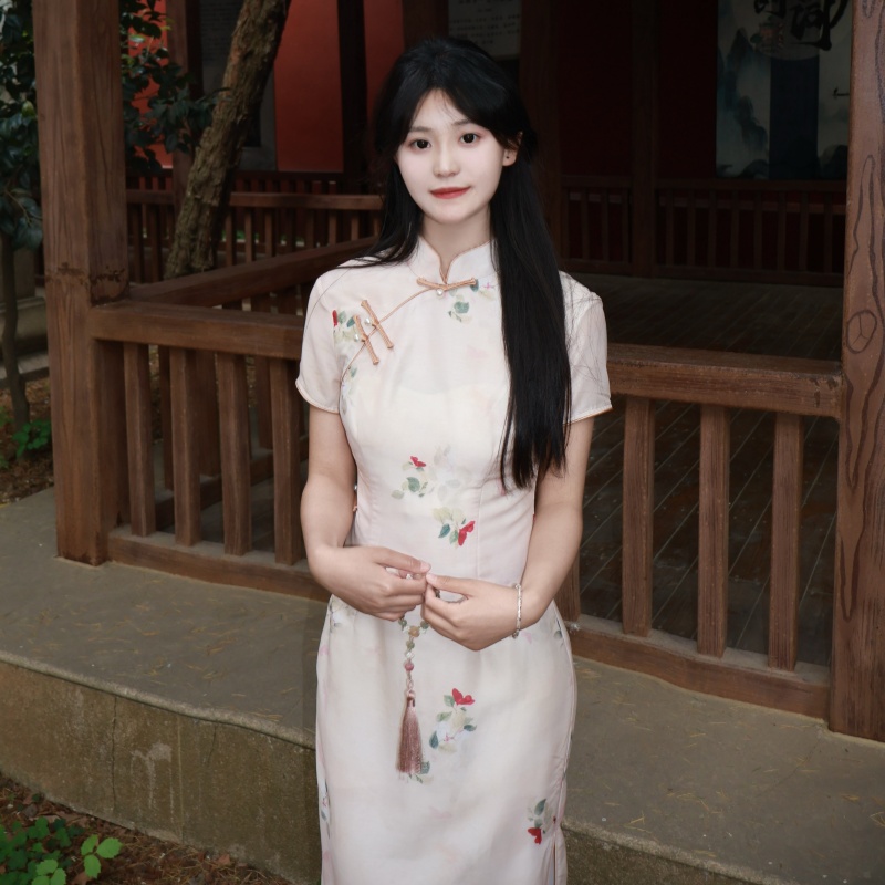 微笑向暖 复古新中式改良旗袍连衣裙 年轻款少女短袖素雅连衣裙