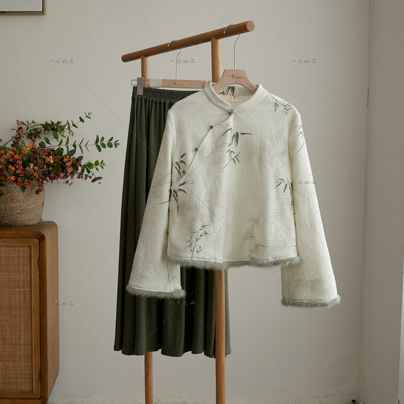 微笑向暖 复古新中式国风加绒提花气质小衫 百搭显瘦改良绿色上衣